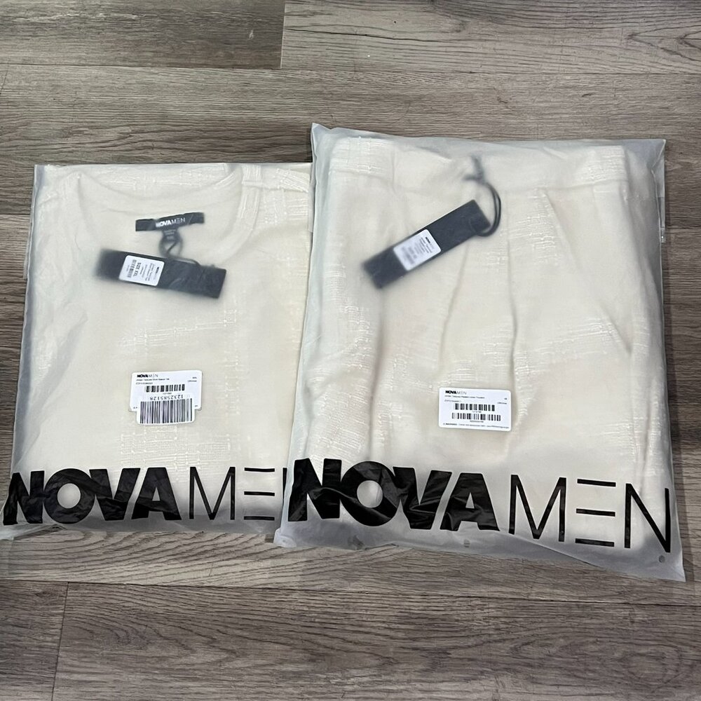 Men's Textured Pleated Loose Trousers & Short Sleeve Set -  Off White